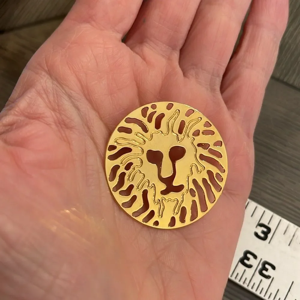 Vintage Anne Klein Gold Tone Round Lion Head Logo Shiny Brooch Pin Designer